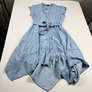 DKNY Cap Short Sleeve Chambray Dress Size 2 Blue Belted Asymmetrical Hem Midi